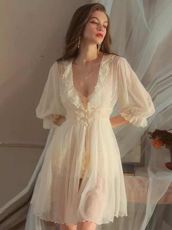 Ivory Lace Ruffle Babydoll Lingerie Dress