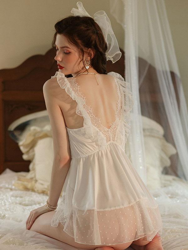 White Lace Ruffle Babydoll Lingerie Dress
