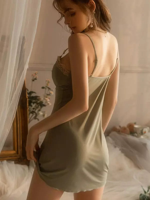 Sage Green Lace Trim Chemise Lingerie Dress