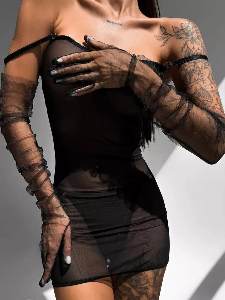 Black Sheer Lace-Up Bodycon Lingerie Dress