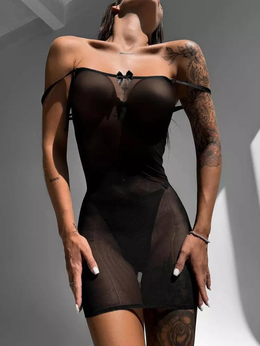 Black Sheer Lace-Up Bodycon Lingerie Dress