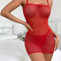 Red Sheer Lace-Up Bodycon Lingerie Dress