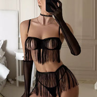 Black Fringe Garter Lingerie Set