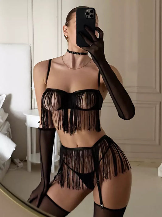 Black Fringe Garter Lingerie Set