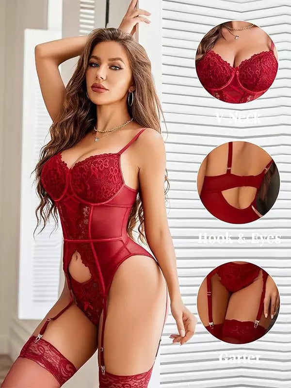 Burgundy Lace Corset Teddy Lingerie