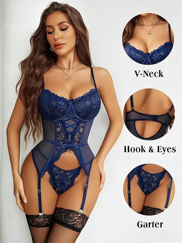 Royal Blue Lace Corset Lingerie
