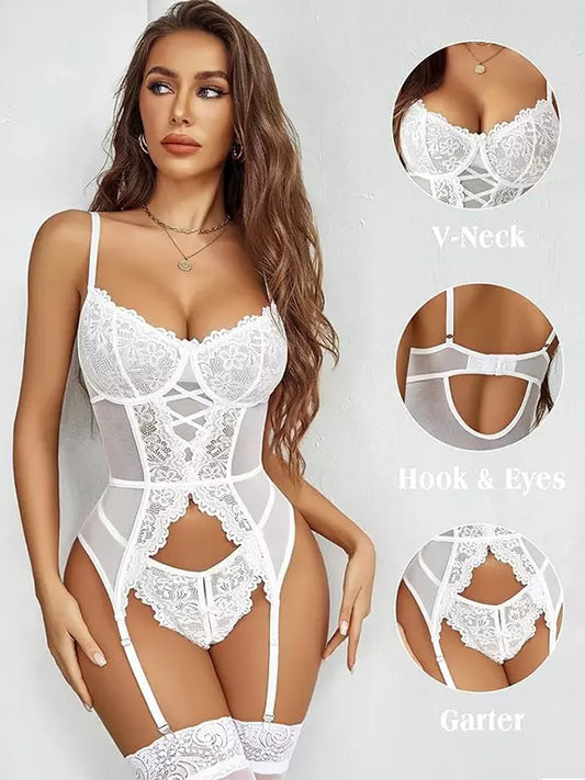 White Lace Corset Bodysuit Lingerie